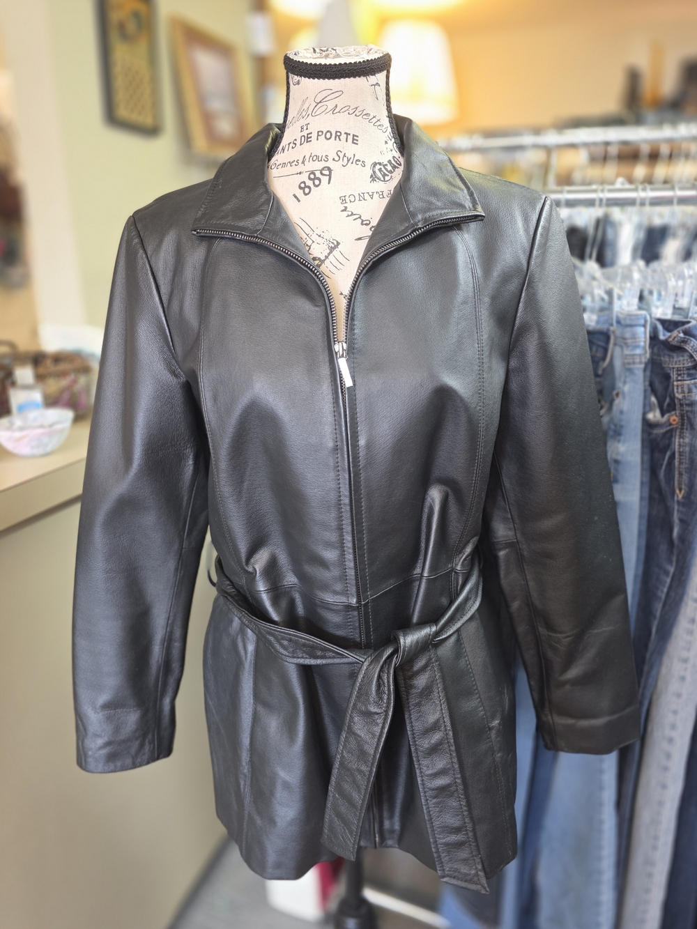 Ladies Worthington Black Leather Belted Jacket